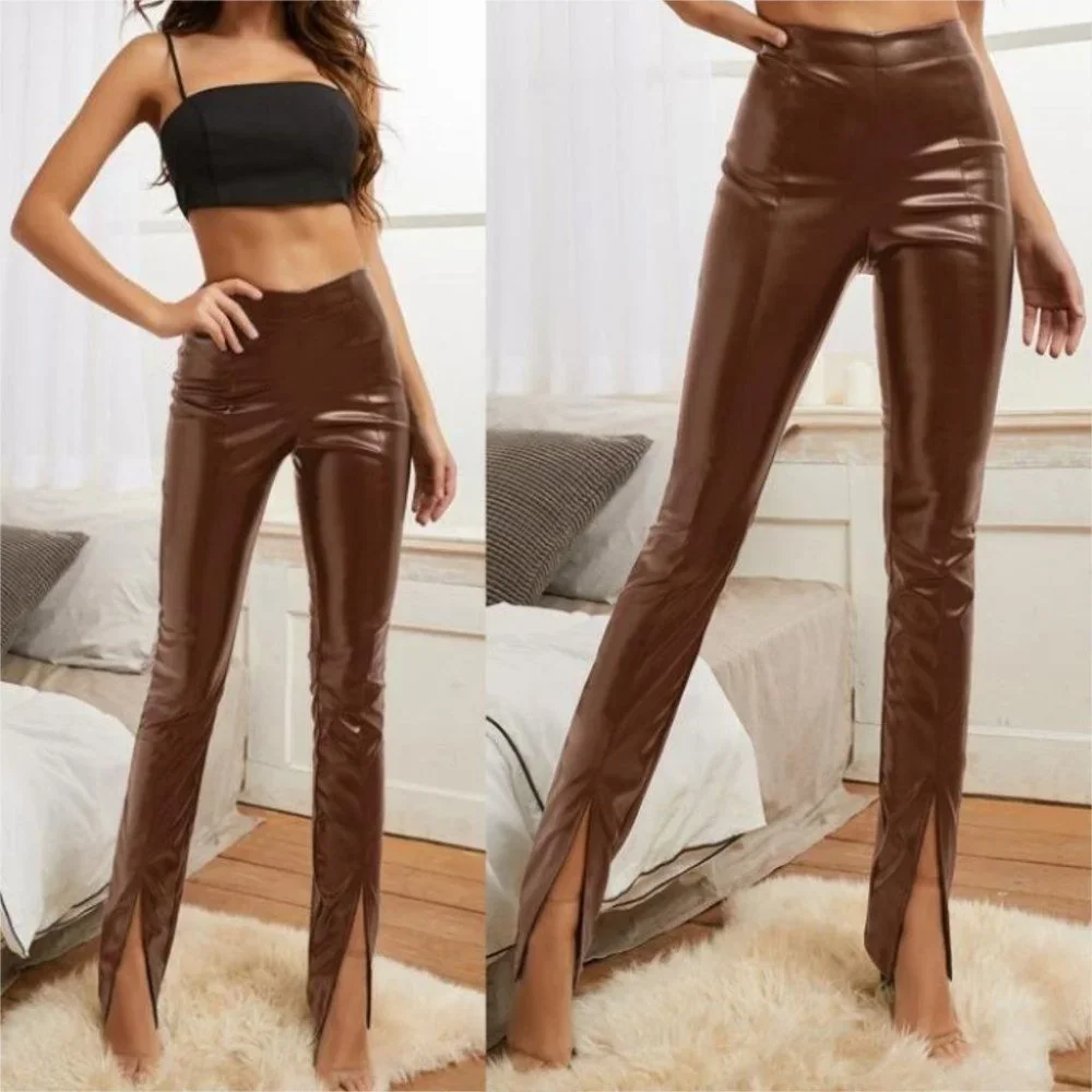 Brown High Waist Slit Hem PU Leather Pants - Picture 7 of 9
